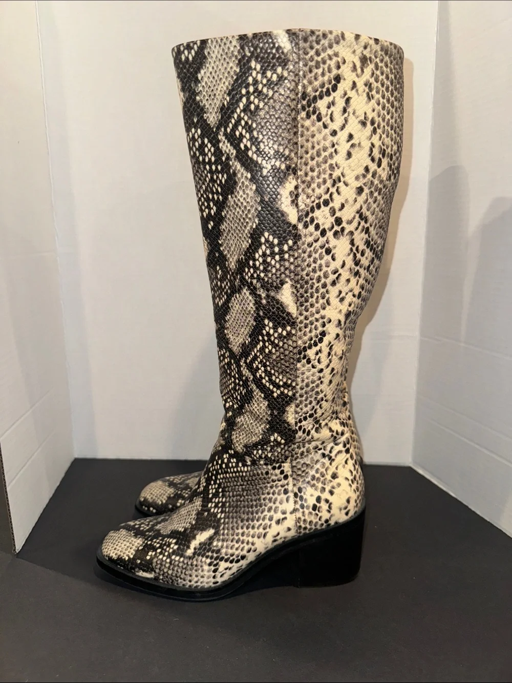 Women's Crown Vintage Knee-High Snake Print Boots in Black and Cream